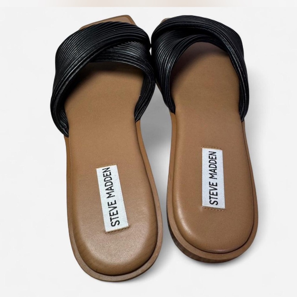 Steve Madden Black Crossband Slide Sandals with Tan Footbed - Picture 4 of 7